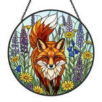 vibrant wildflower red fox stained glass suncatcher window hanging, suitable for home and garden decoration.