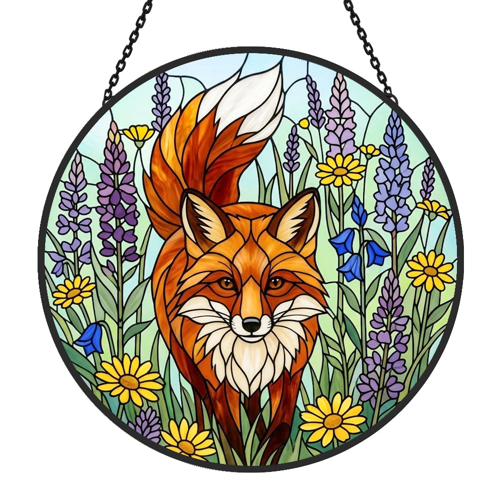 vibrant wildflower red fox stained glass suncatcher window hanging, suitable for home and garden decoration.