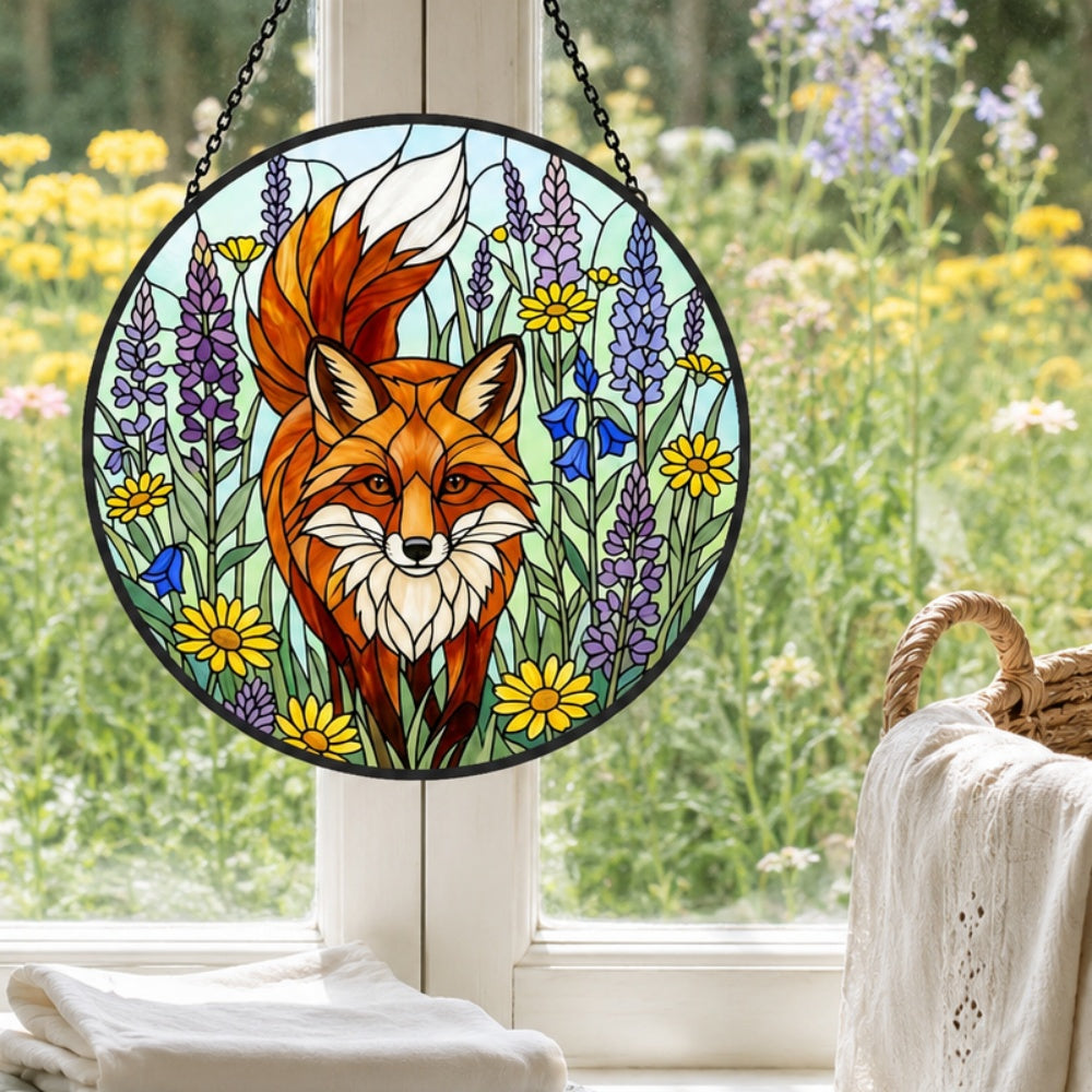 Vibrant wildflower red fox stained glass suncatcher window hanging, suitable for home and garden decoration