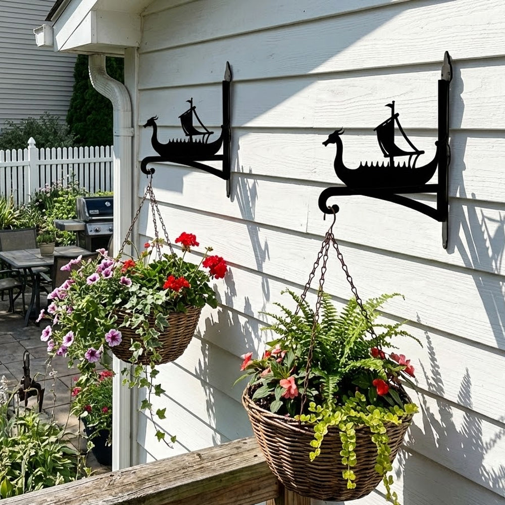 Viking longship metal hanging basket bracket mounted on outdoor wall for plant decoration