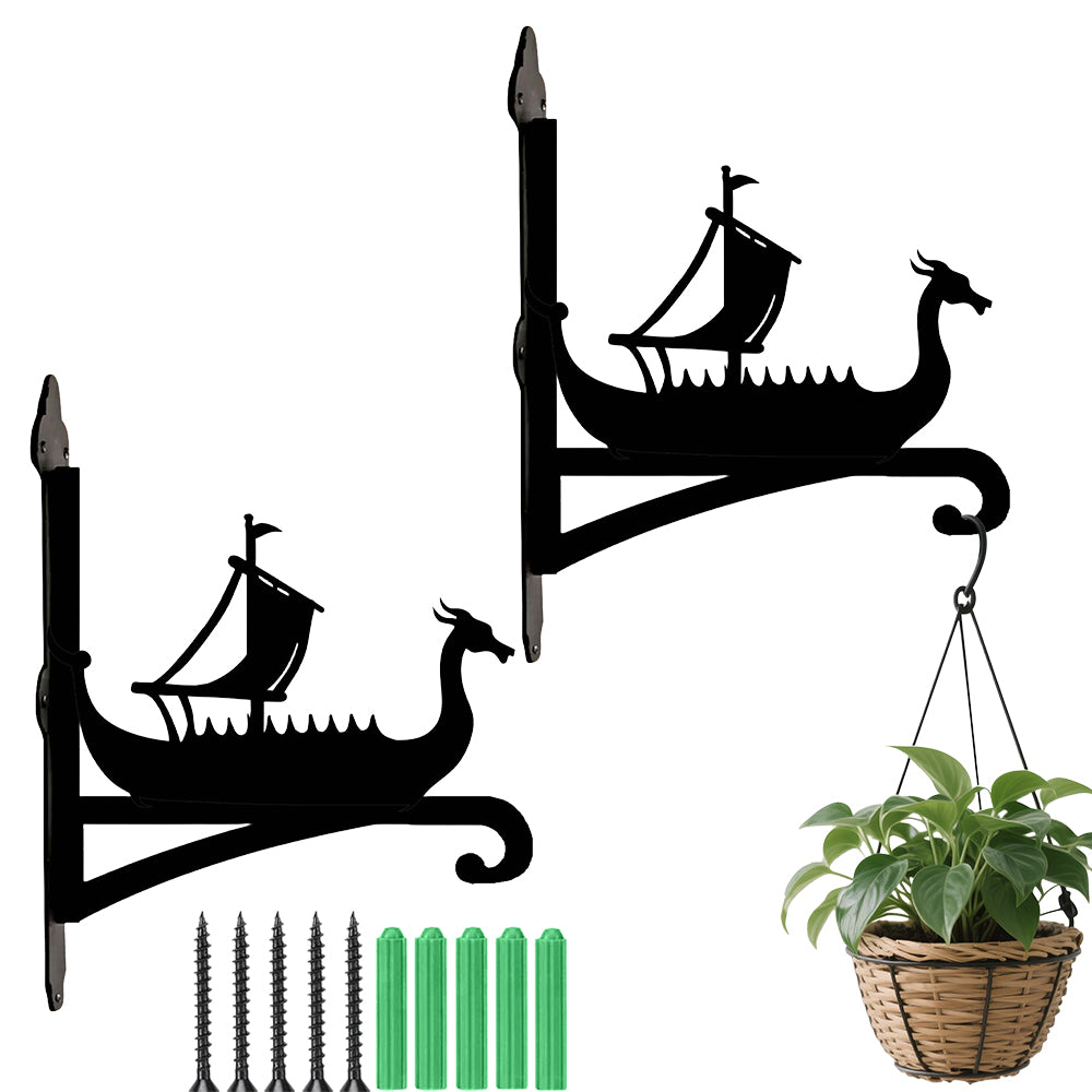 Viking longship metal hanging basket bracket mounted on outdoor wall for plant decoration
