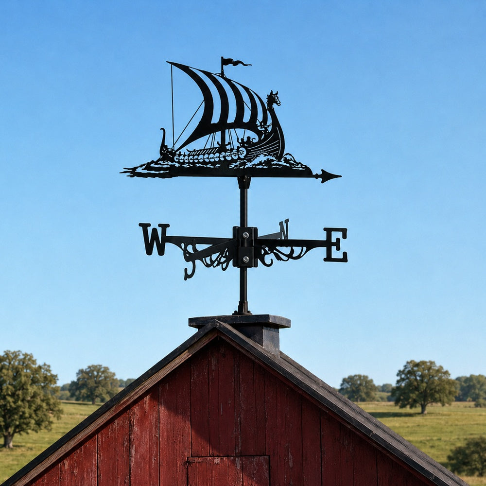 Viking longship metal weather vane with directional arrows and mounting rod, outdoor roof and garden decoration