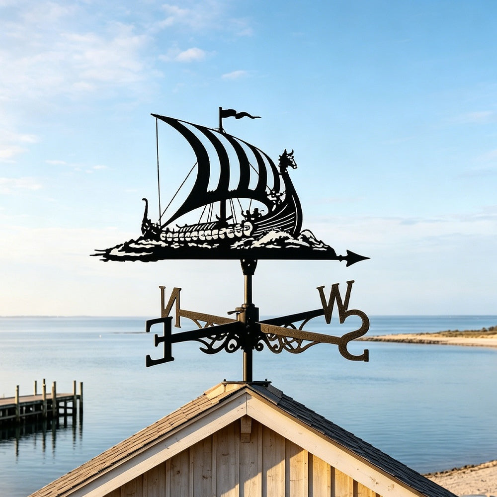 Viking longship metal weather vane with directional arrows and mounting rod, outdoor roof and garden decoration