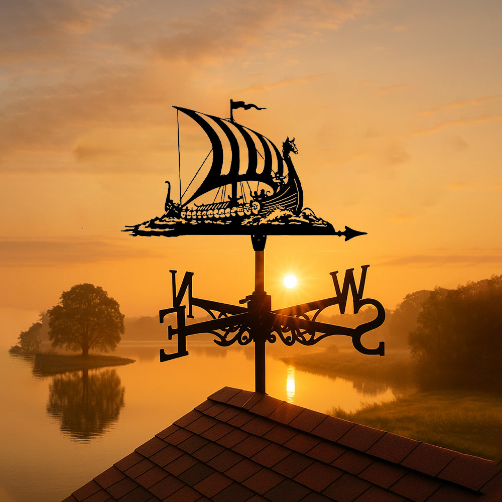 Viking longship metal weather vane with directional arrows and mounting rod, outdoor roof and garden decoration