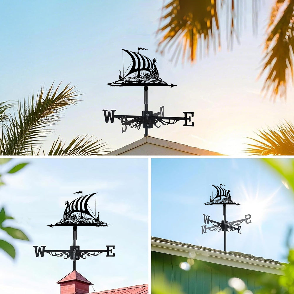 Viking longship metal weather vane with directional arrows and mounting rod, outdoor roof and garden decoration