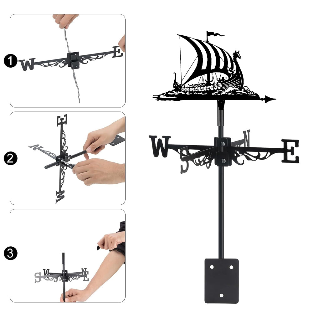 Viking longship metal weather vane with directional arrows and mounting rod, outdoor roof and garden decoration