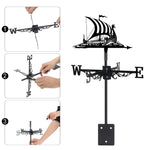 Viking longship metal weather vane with directional arrows and mounting rod, outdoor roof and garden decoration