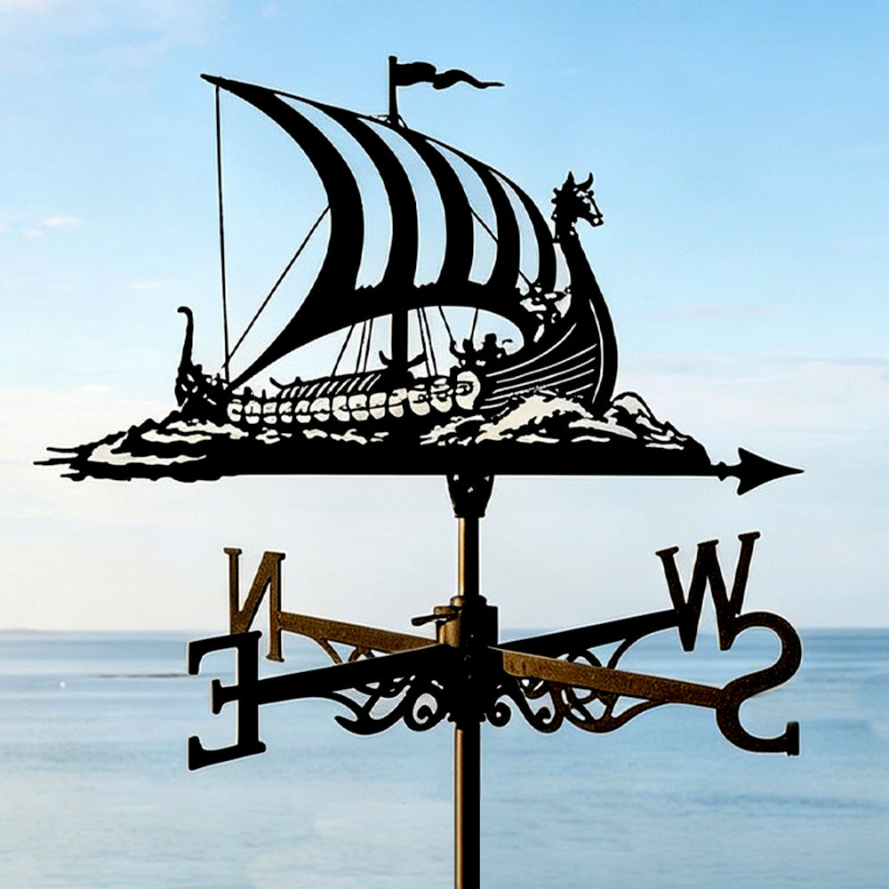 Viking longship metal weather vane with directional arrows and mounting rod, outdoor roof and garden decoration
