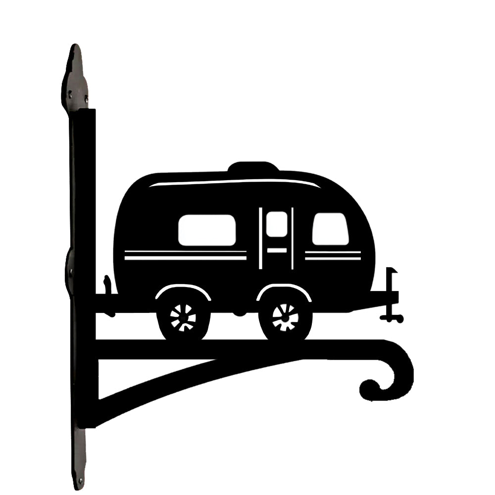 Vintage camper metal hanging basket bracket mounted on outdoor wall for plant decoration