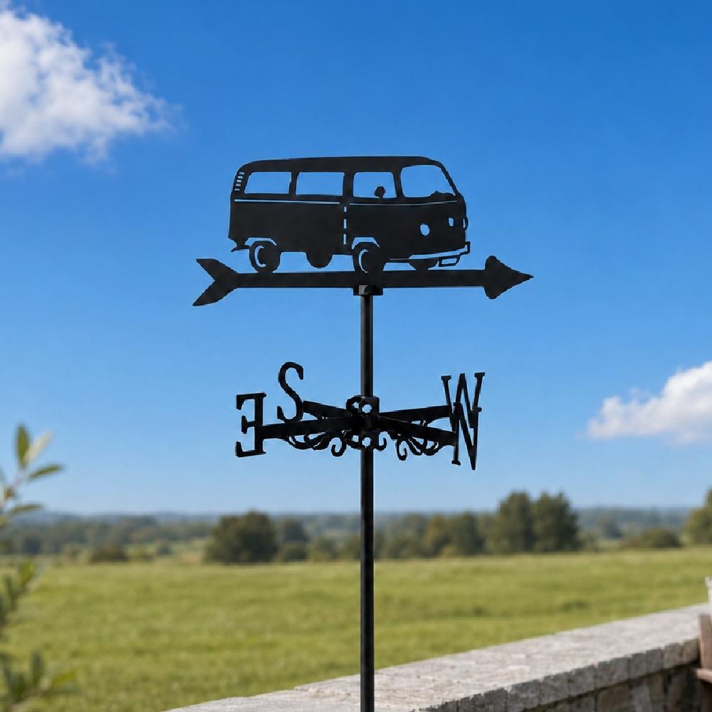 Vintage camper van metal weather vane with directional arrows and mounting rod, outdoor roof and garden decoration
