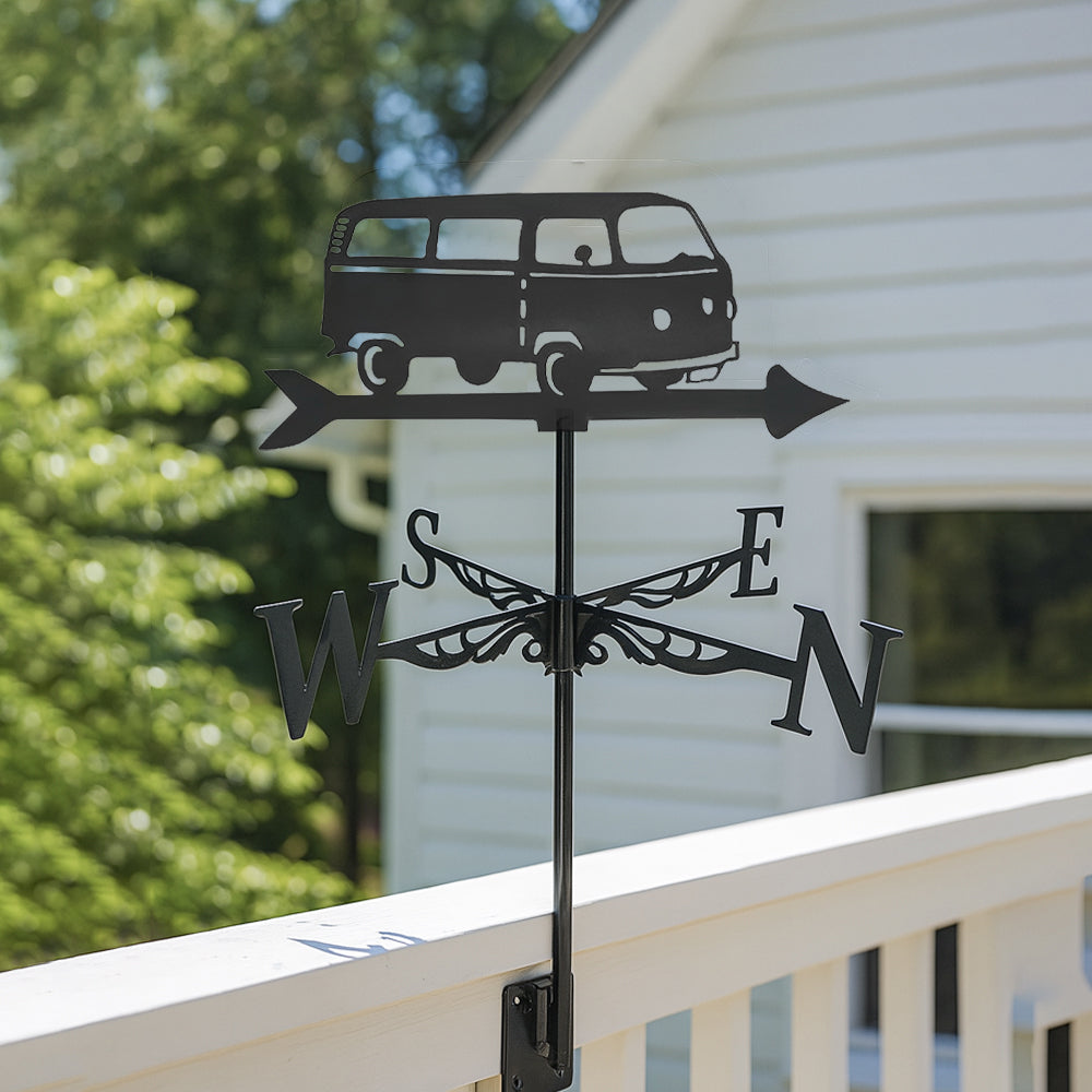 Vintage camper van metal weather vane with directional arrows and mounting rod, outdoor roof and garden decoration