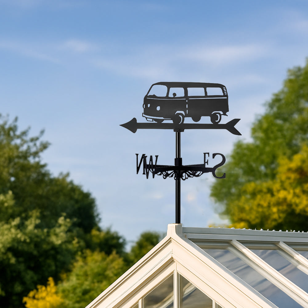 Vintage camper van metal weather vane with directional arrows and mounting rod, outdoor roof and garden decoration