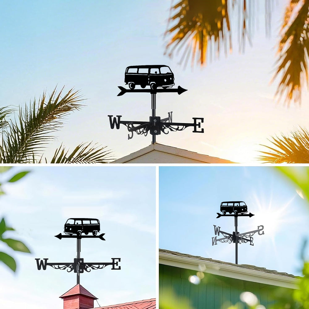 Vintage camper van metal weather vane with directional arrows and mounting rod, outdoor roof and garden decoration
