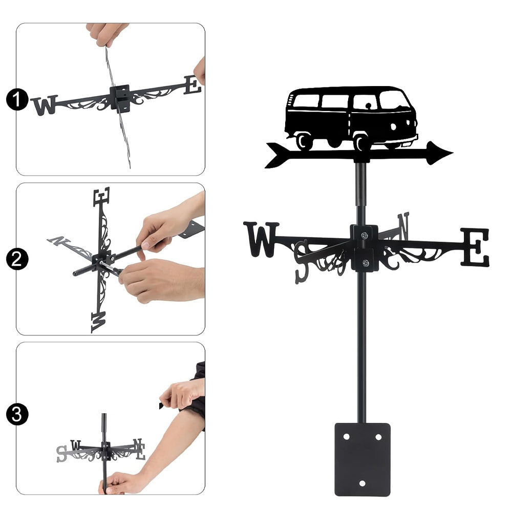 Vintage camper van metal weather vane with directional arrows and mounting rod, outdoor roof and garden decoration