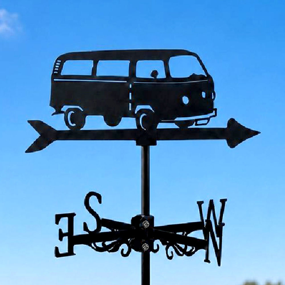 Vintage camper van metal weather vane with directional arrows and mounting rod, outdoor roof and garden decoration