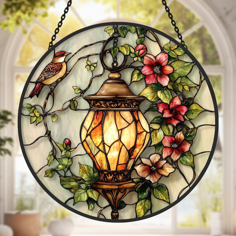Vintage lantern flower bird stained glass suncatcher window hanging, suitable for home and garden decoration