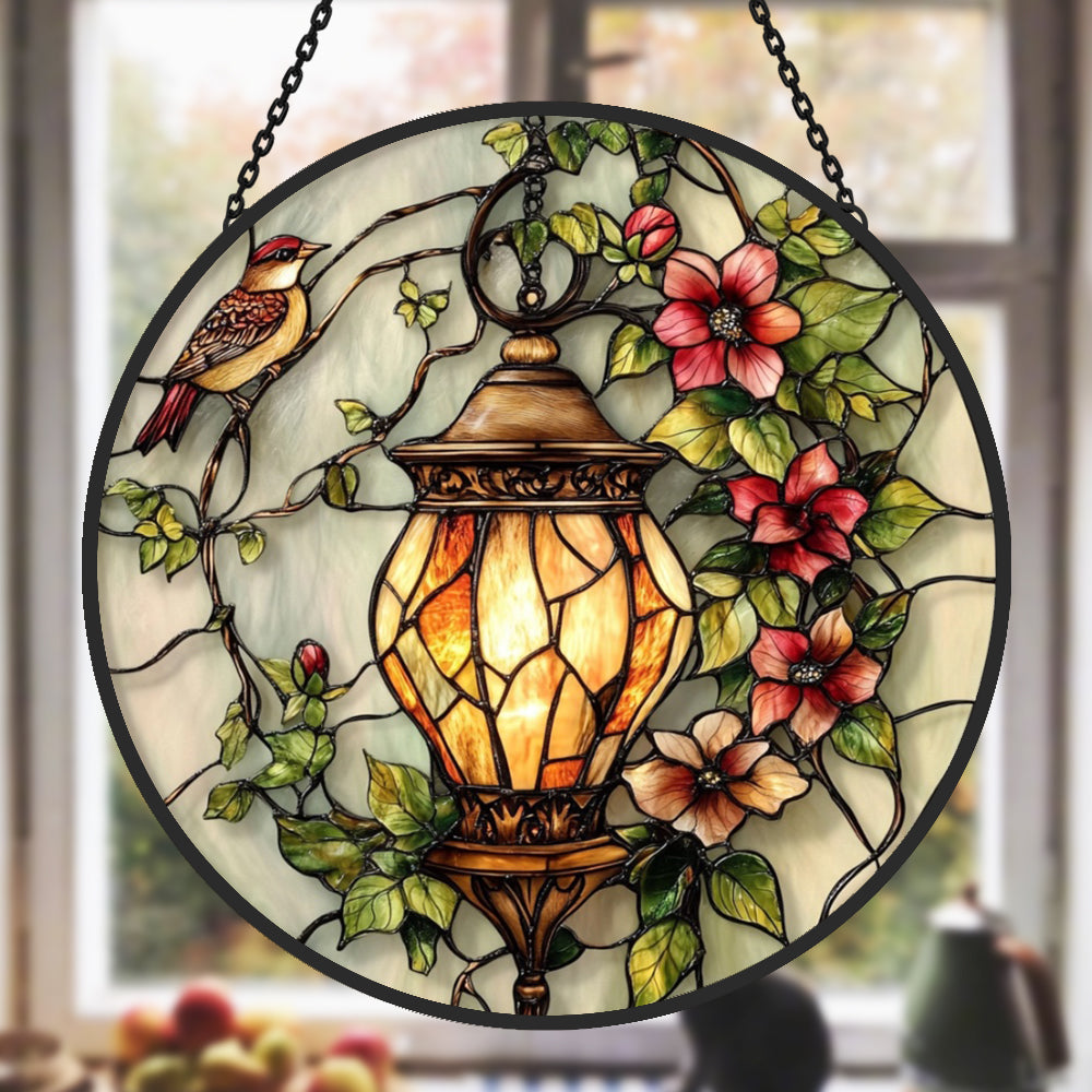 Vintage lantern flower bird stained glass suncatcher window hanging, suitable for home and garden decoration