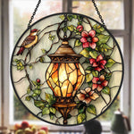 Vintage lantern flower bird stained glass suncatcher window hanging, suitable for home and garden decoration