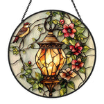 Vintage lantern flower bird stained glass suncatcher window hanging, suitable for home and garden decoration