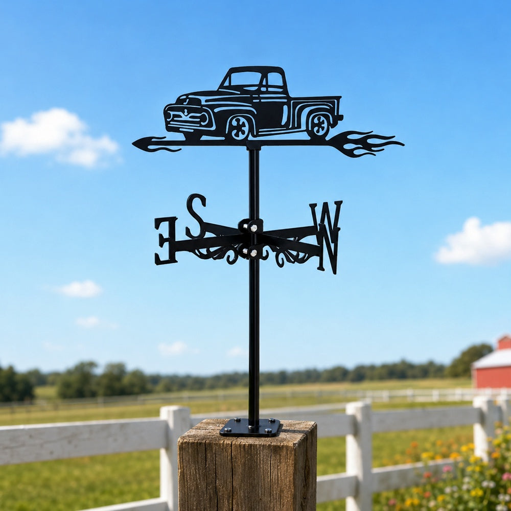 Vintage pickup truck metal weather vane with directional arrows and mounting rod, outdoor roof and garden decoration