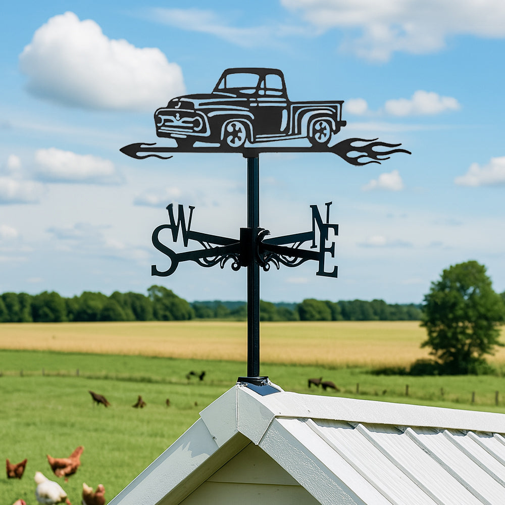 Vintage pickup truck metal weather vane with directional arrows and mounting rod, outdoor roof and garden decoration
