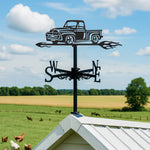 Vintage pickup truck metal weather vane with directional arrows and mounting rod, outdoor roof and garden decoration