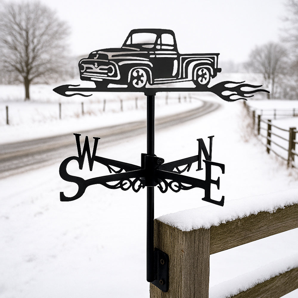 Vintage pickup truck metal weather vane with directional arrows and mounting rod, outdoor roof and garden decoration