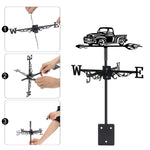 Vintage pickup truck metal weather vane with directional arrows and mounting rod, outdoor roof and garden decoration