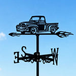 Vintage pickup truck metal weather vane with directional arrows and mounting rod, outdoor roof and garden decoration