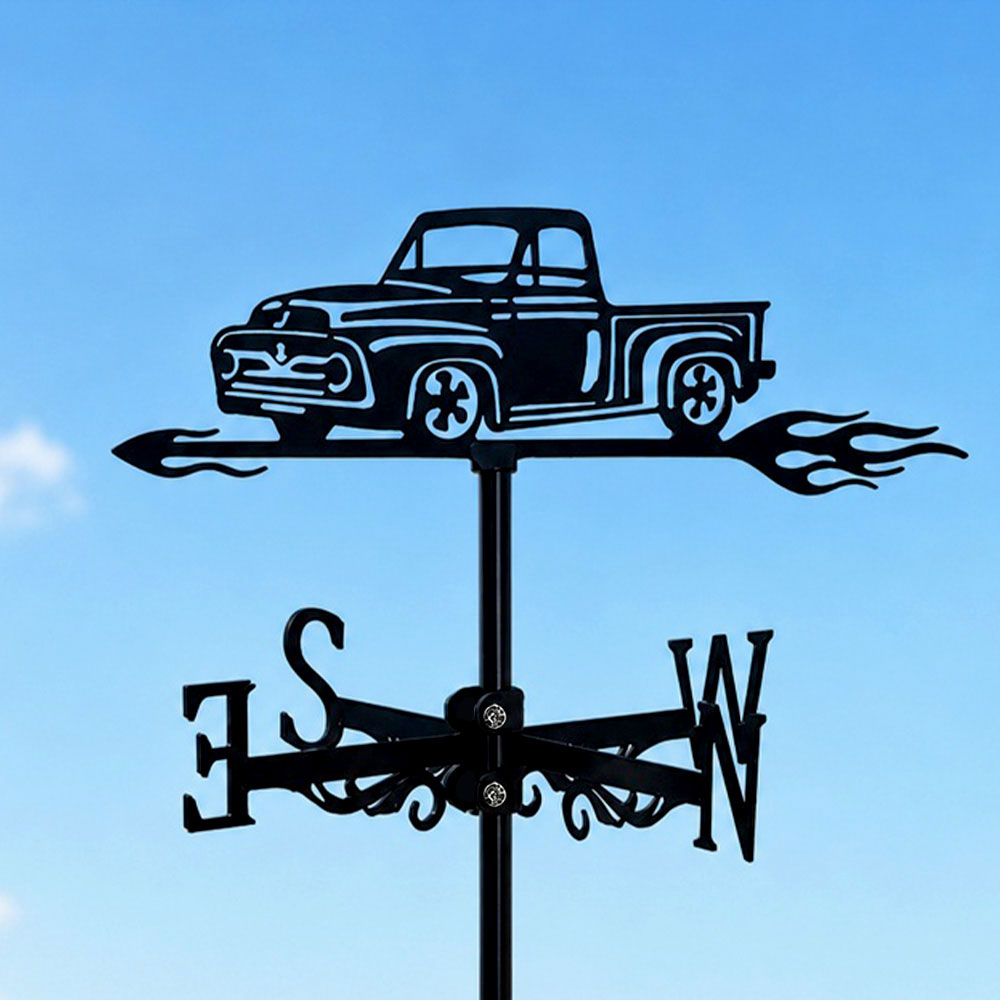 Vintage pickup truck metal weather vane with directional arrows and mounting rod, outdoor roof and garden decoration