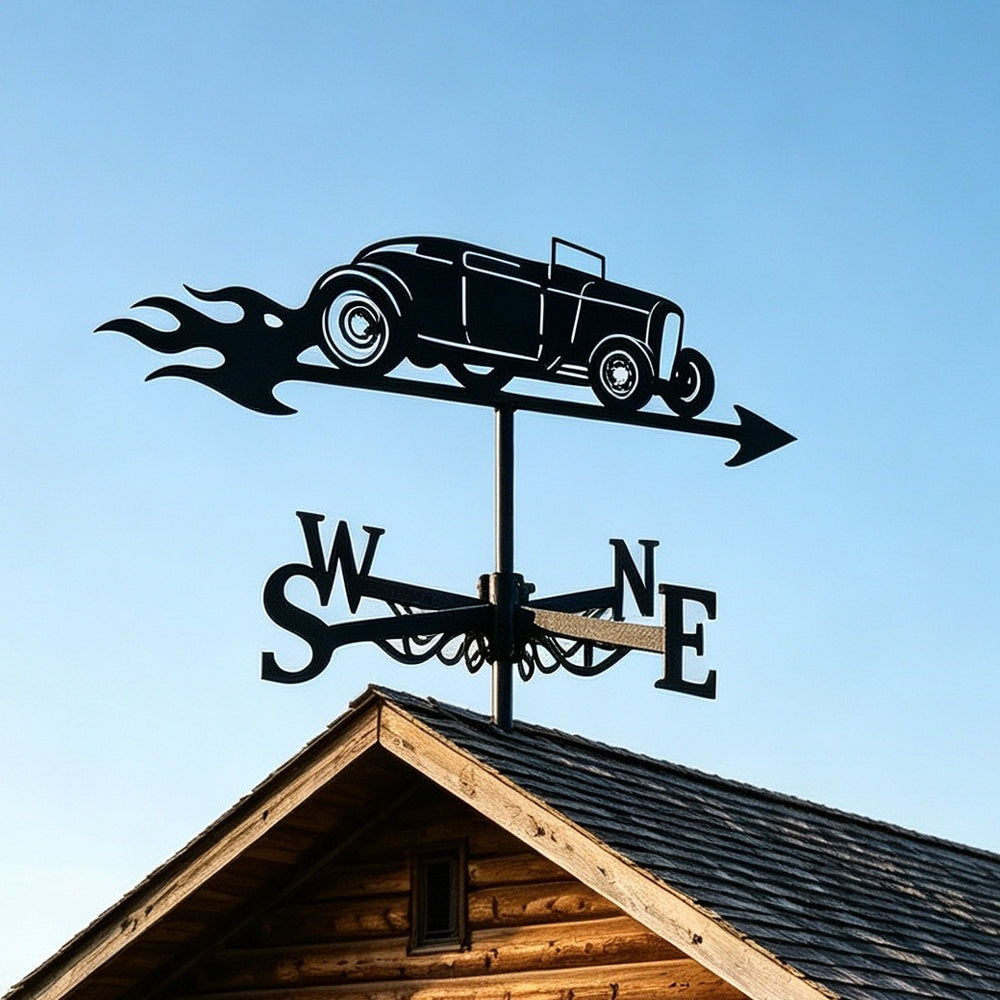 Vintage roadster metal weather vane with directional arrows and mounting rod, outdoor roof and garden decoration