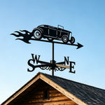 Vintage roadster metal weather vane with directional arrows and mounting rod, outdoor roof and garden decoration