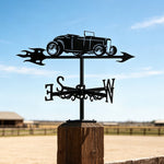 Vintage roadster metal weather vane with directional arrows and mounting rod, outdoor roof and garden decoration