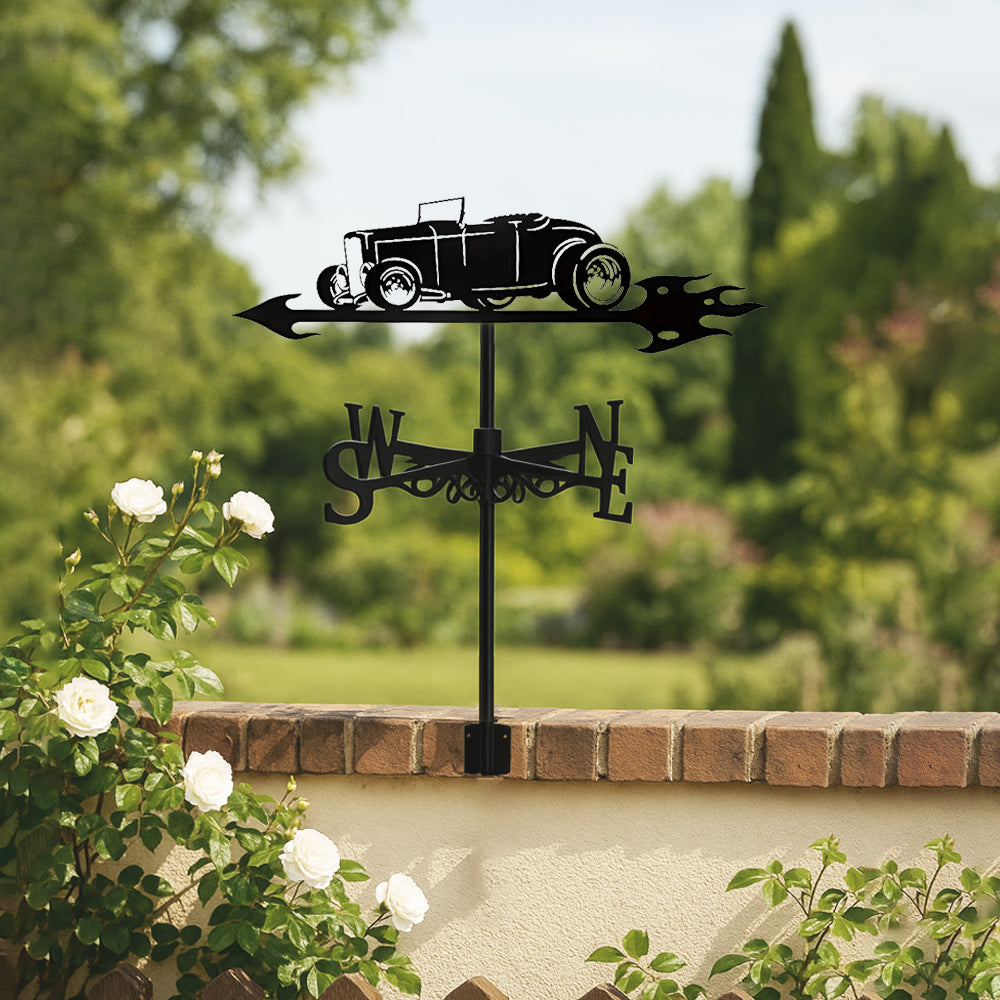 Vintage roadster metal weather vane with directional arrows and mounting rod, outdoor roof and garden decoration