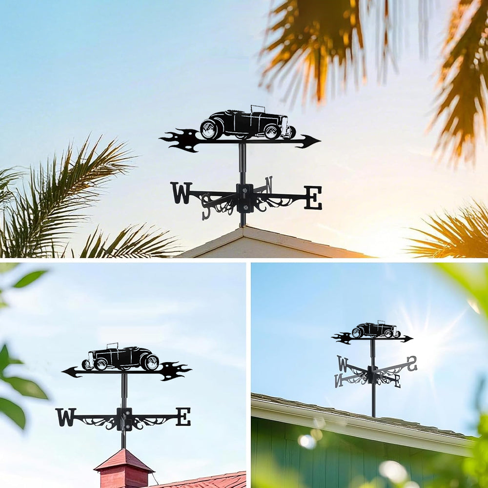 Vintage roadster metal weather vane with directional arrows and mounting rod, outdoor roof and garden decoration