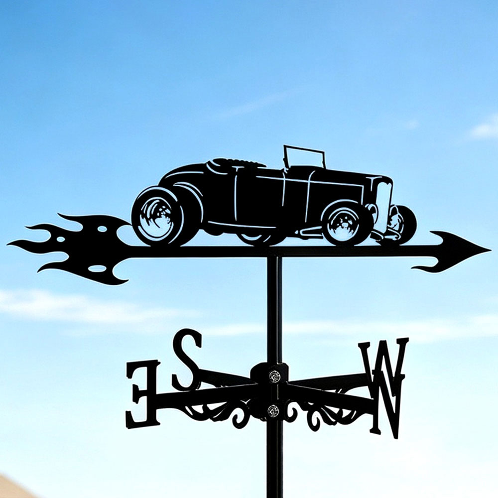Vintage roadster metal weather vane with directional arrows and mounting rod, outdoor roof and garden decoration