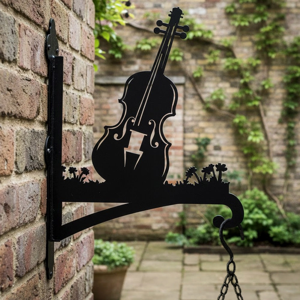 Vintage violin metal hanging basket bracket mounted on outdoor wall for plant decoration