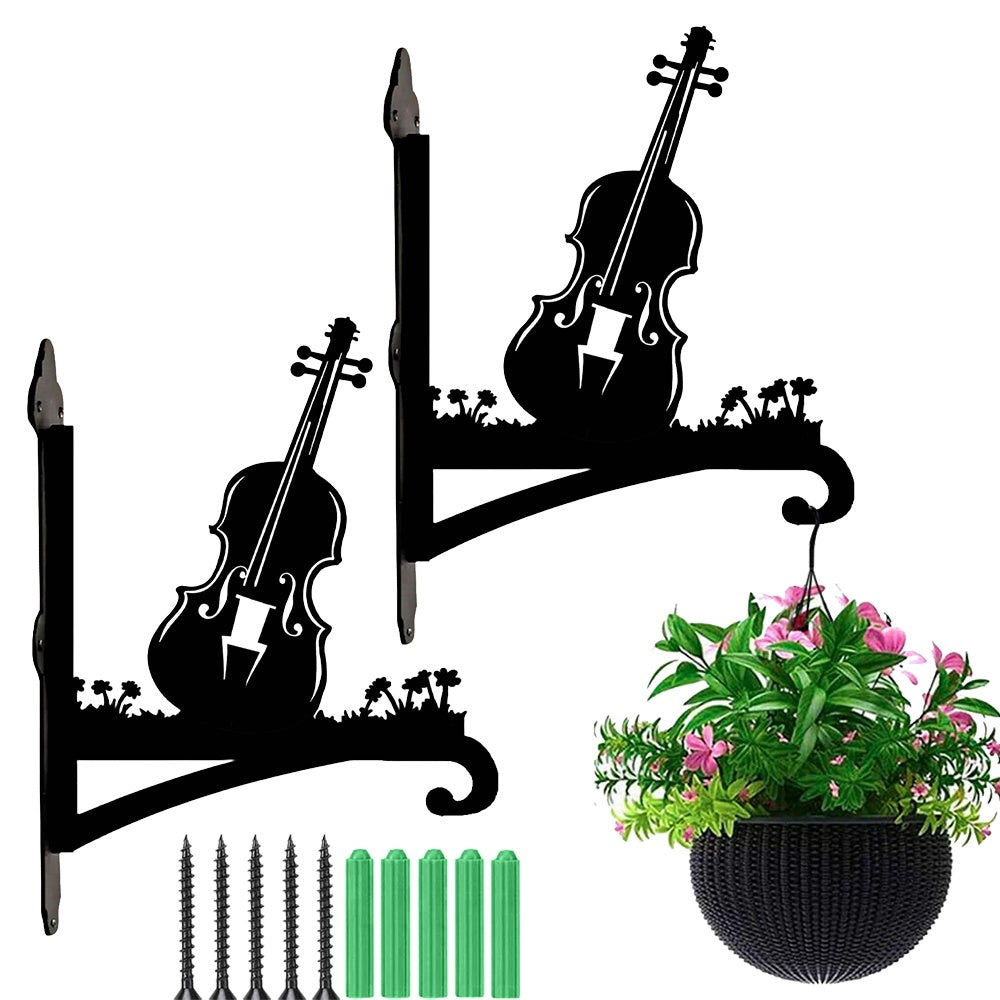 Vintage violin metal hanging basket bracket mounted on outdoor wall for plant decoration