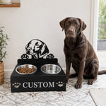 Personalized vizsla metal dog bowl stand with custom name cutout and two removable feeding bowls