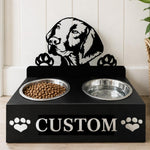 Personalized vizsla metal dog bowl stand with custom name cutout and two removable feeding bowls
