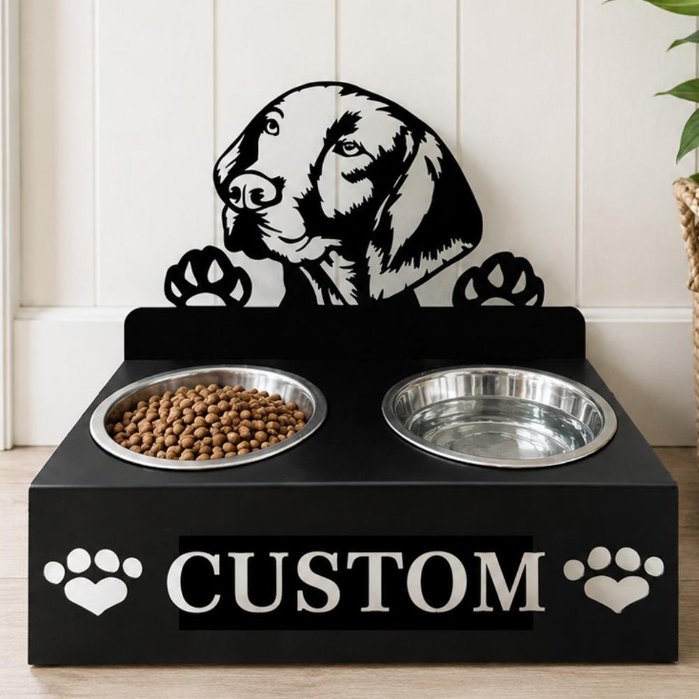 Personalized vizsla metal dog bowl stand with custom name cutout and two removable feeding bowls