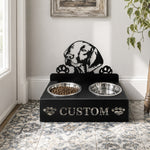Personalized vizsla metal dog bowl stand with custom name cutout and two removable feeding bowls
