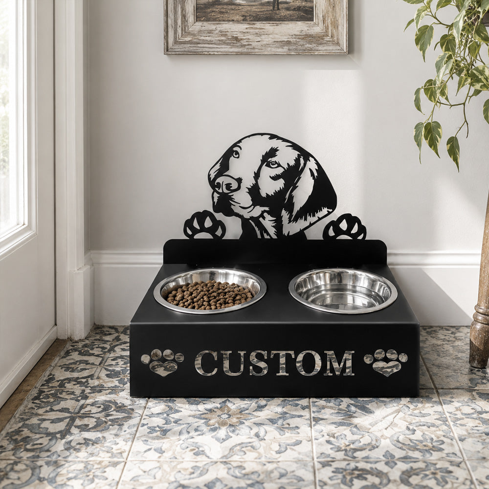 Personalized vizsla metal dog bowl stand with custom name cutout and two removable feeding bowls