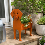 Vizsla dog planter filled with fresh flowers is placed in the garden