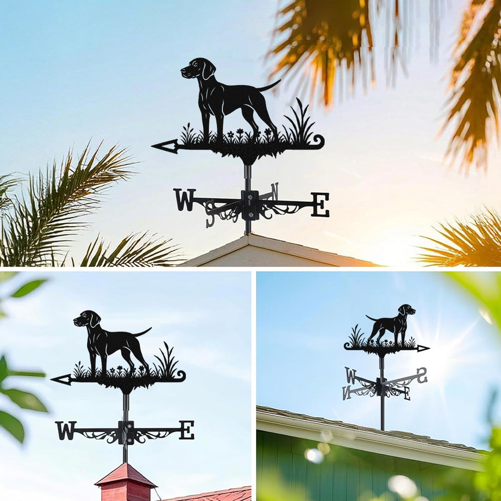 Vizsla metal weather vane with directional arrows and mounting rod, outdoor roof and garden decoration