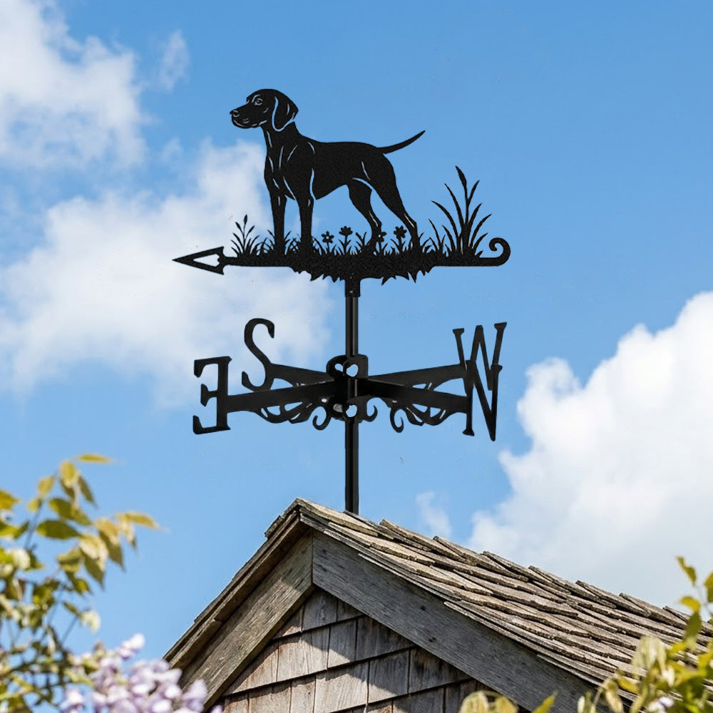 Vizsla metal weather vane with directional arrows and mounting rod, outdoor roof and garden decoration