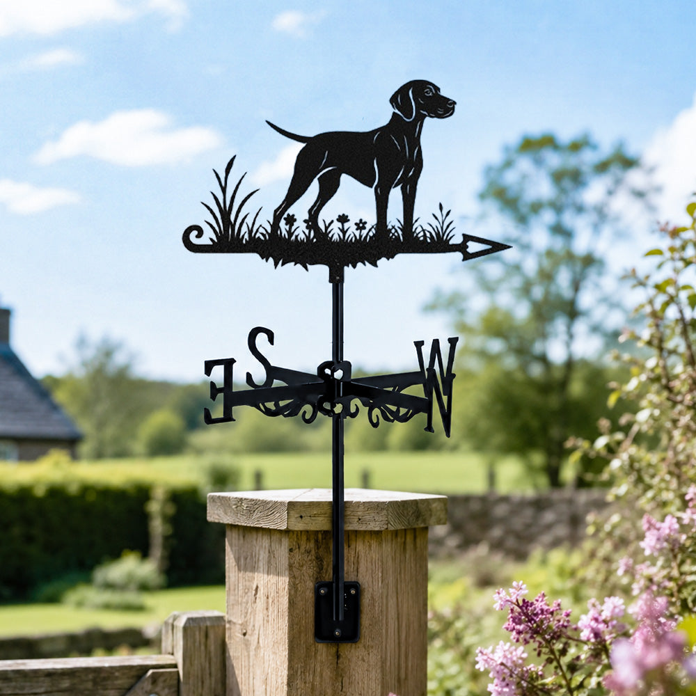 Vizsla metal weather vane with directional arrows and mounting rod, outdoor roof and garden decoration