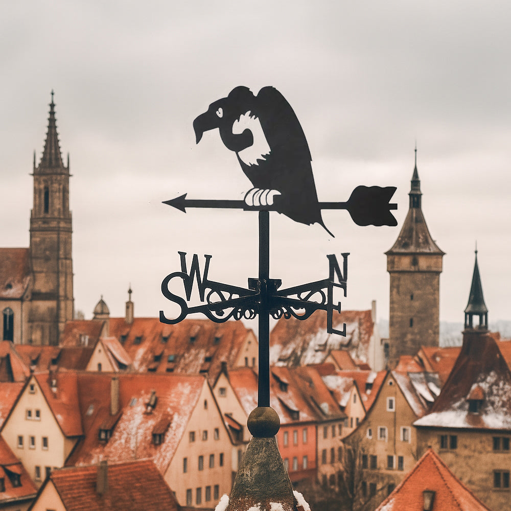 Vulture bird metal weather vane with directional arrows and mounting rod, outdoor roof and garden decoration