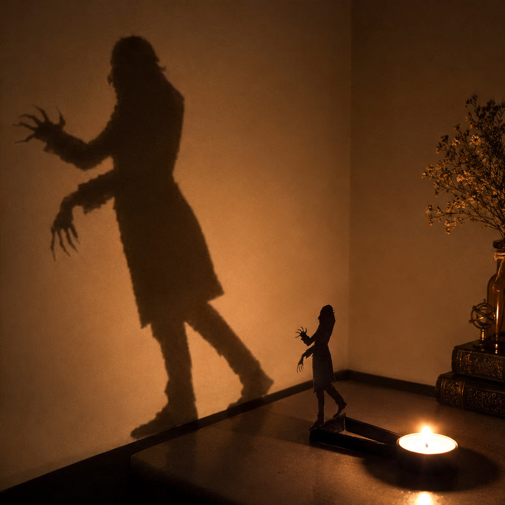 Wandering zombie halloween metal candle holder casting a spooky shadow on the wall