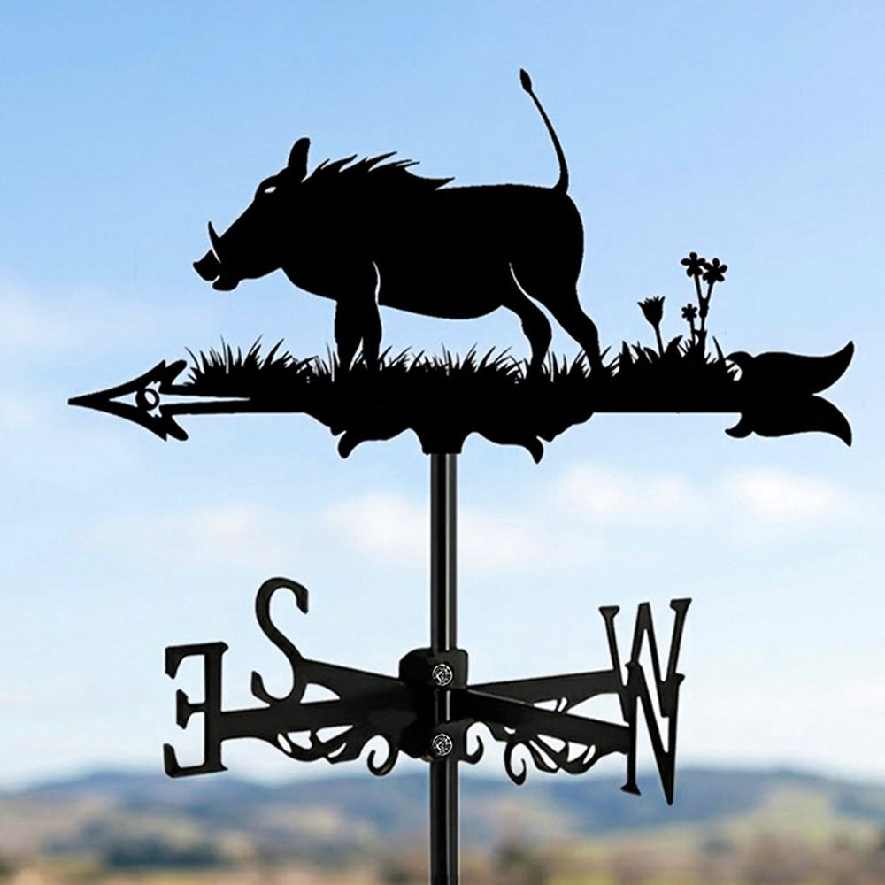 Warthog metal weather vane with directional arrows and mounting rod, outdoor roof and garden decoration